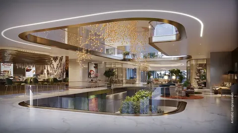 M3M Mansion multi-level lifestyle pavilion with gold-leaf ceiling and water, artist's impression