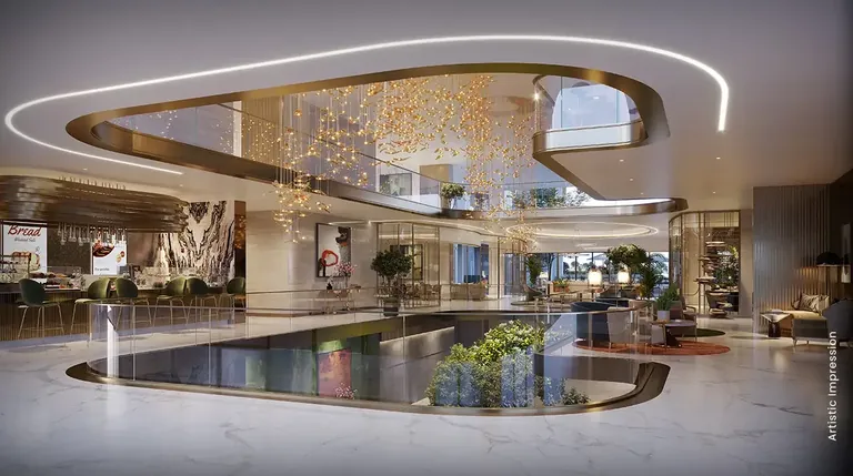 M3M Mansion multi-level lifestyle pavilion with gold-leaf ceiling and water, artist's impression