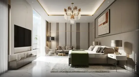 M3M Mansion sample bedroom with television wall and garden view, artist's impression