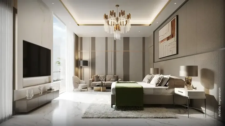 M3M Mansion sample bedroom with television wall and garden view, artist's impression