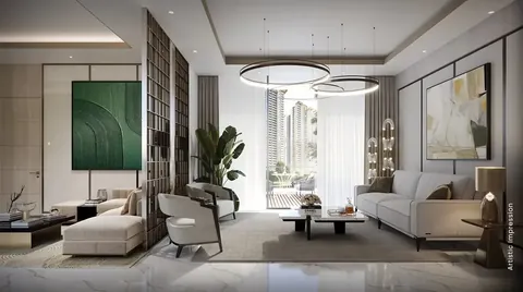 M3M Mansion sample living room with full-height windows, artist's impression