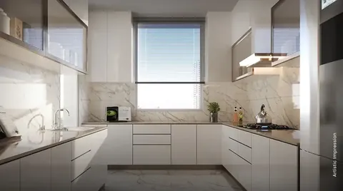 M3M Mansion sample modular kitchen with marble counters, artist's impression