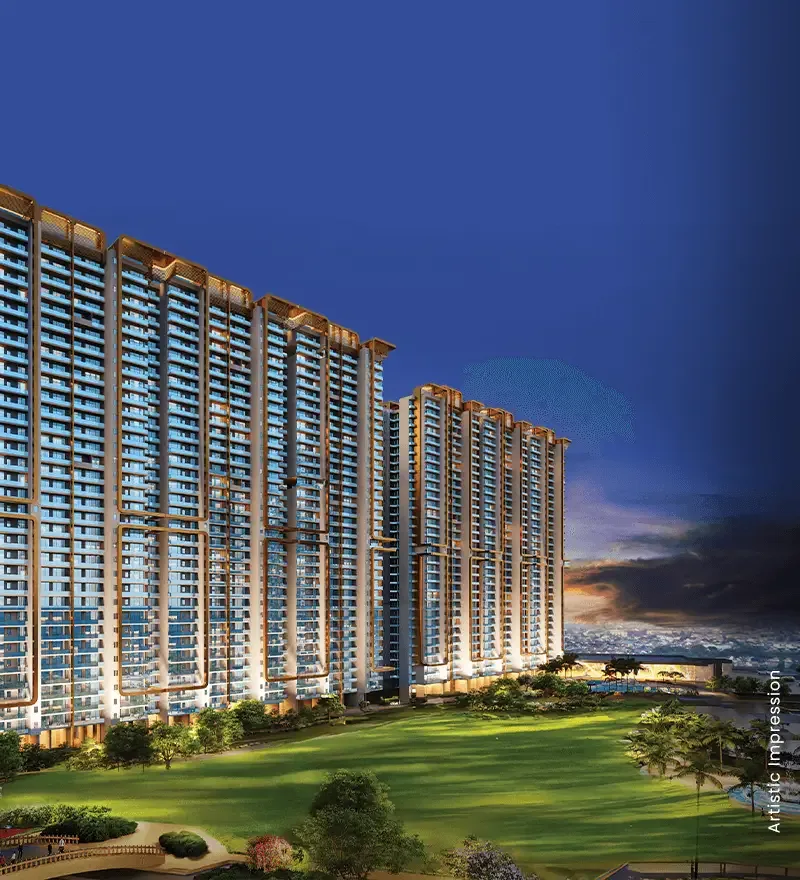 M3M Mansion towers lit at dusk above the greens, artist's impression