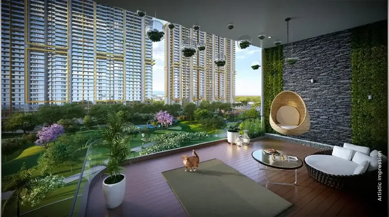 M3M Mansion wraparound deck with a hanging chair and planted wall, artist's impression