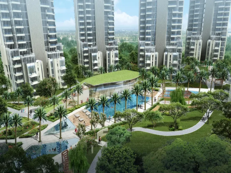 M3M Merlin green-roofed clubhouse and pool amid palms, artist's impression