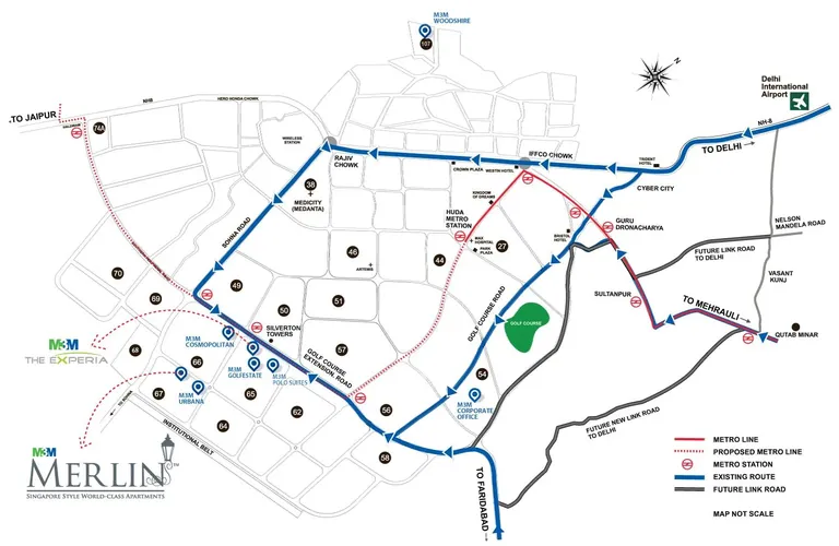 M3M Merlin location map showing Sector 67, the metro routes and main roads