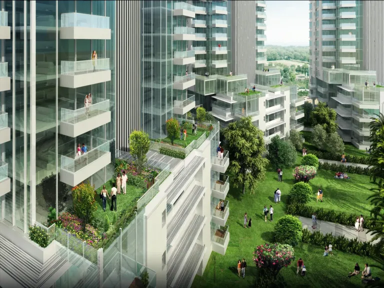 M3M Merlin planted terraces and lawns stepping down between the towers, artist's impression