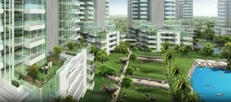 M3M Merlin podium gardens and pool between the tower blocks, artist's impression