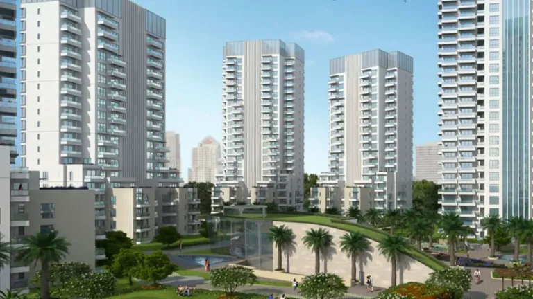 M3M Merlin towers overlooking the palm-lined central lawn and water body, artist's impression