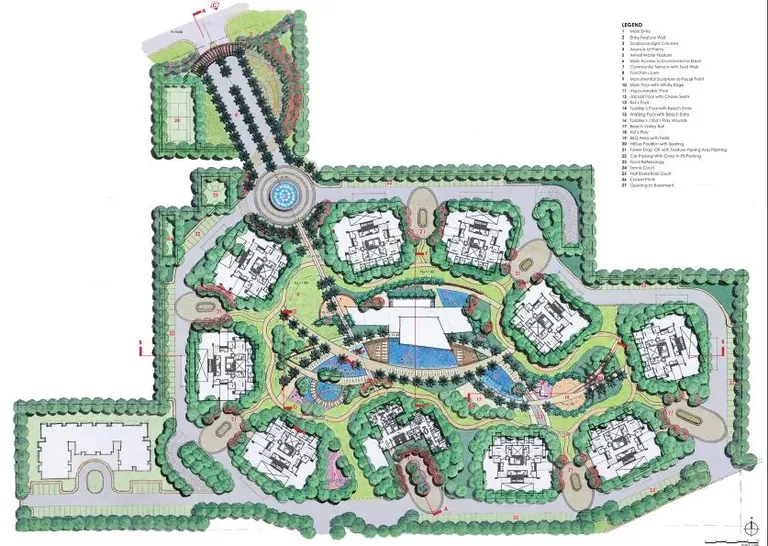 M3M Merlin site plan with the towers arranged around the central gardens and clubhouse