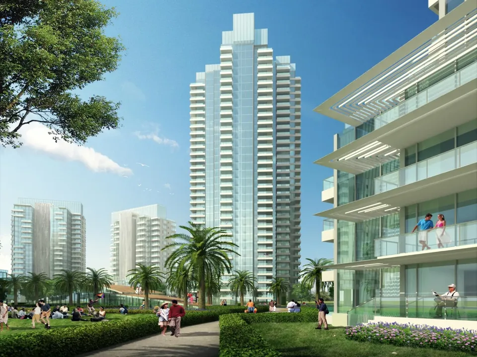 M3M Merlin tower and low-rise block beside a garden walkway, artist's impression