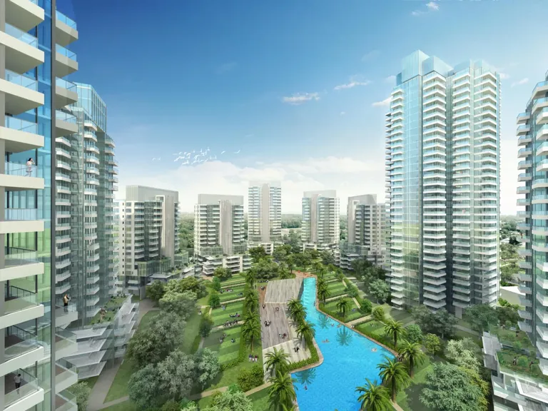 M3M Merlin towers around a long landscaped water channel and gardens, artist's impression