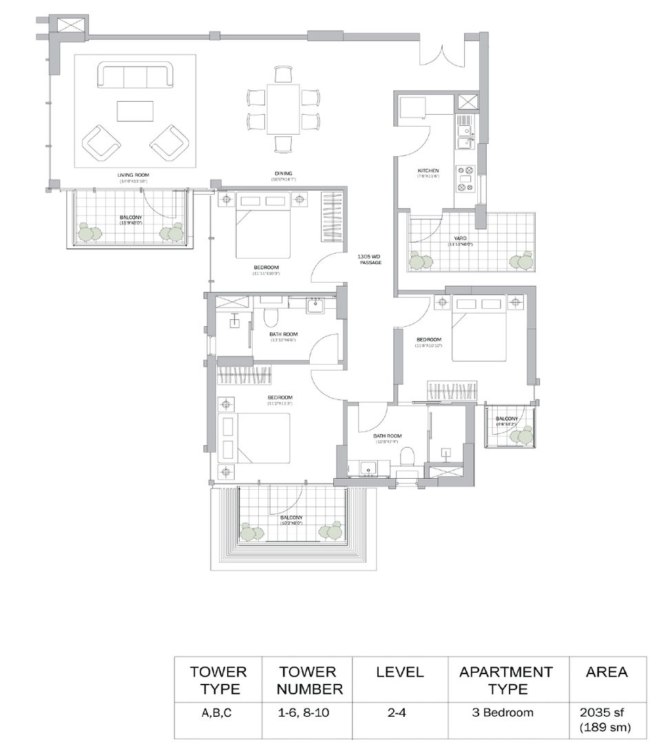 M3M Merlin 3 BHK flat floor plan, 2,305 sq ft super area
