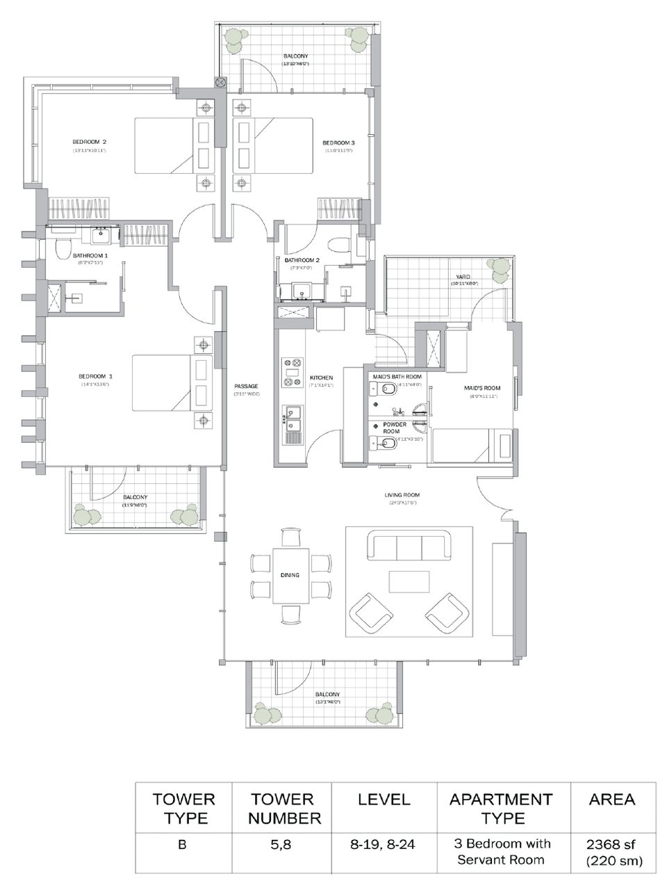M3M Merlin 3 BHK flat floor plan, 2,368 sq ft super area
