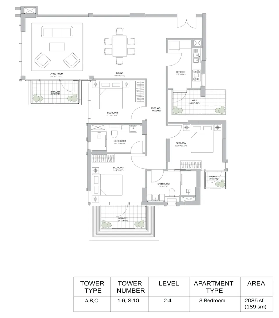 M3M Merlin 3 BHK floor plan, 2,035 sq ft