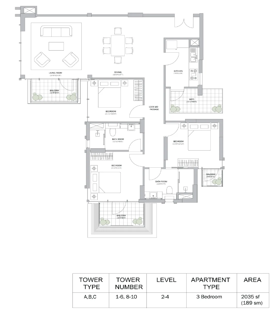 M3M Merlin 3 BHK floor plan, 2,035 sq ft