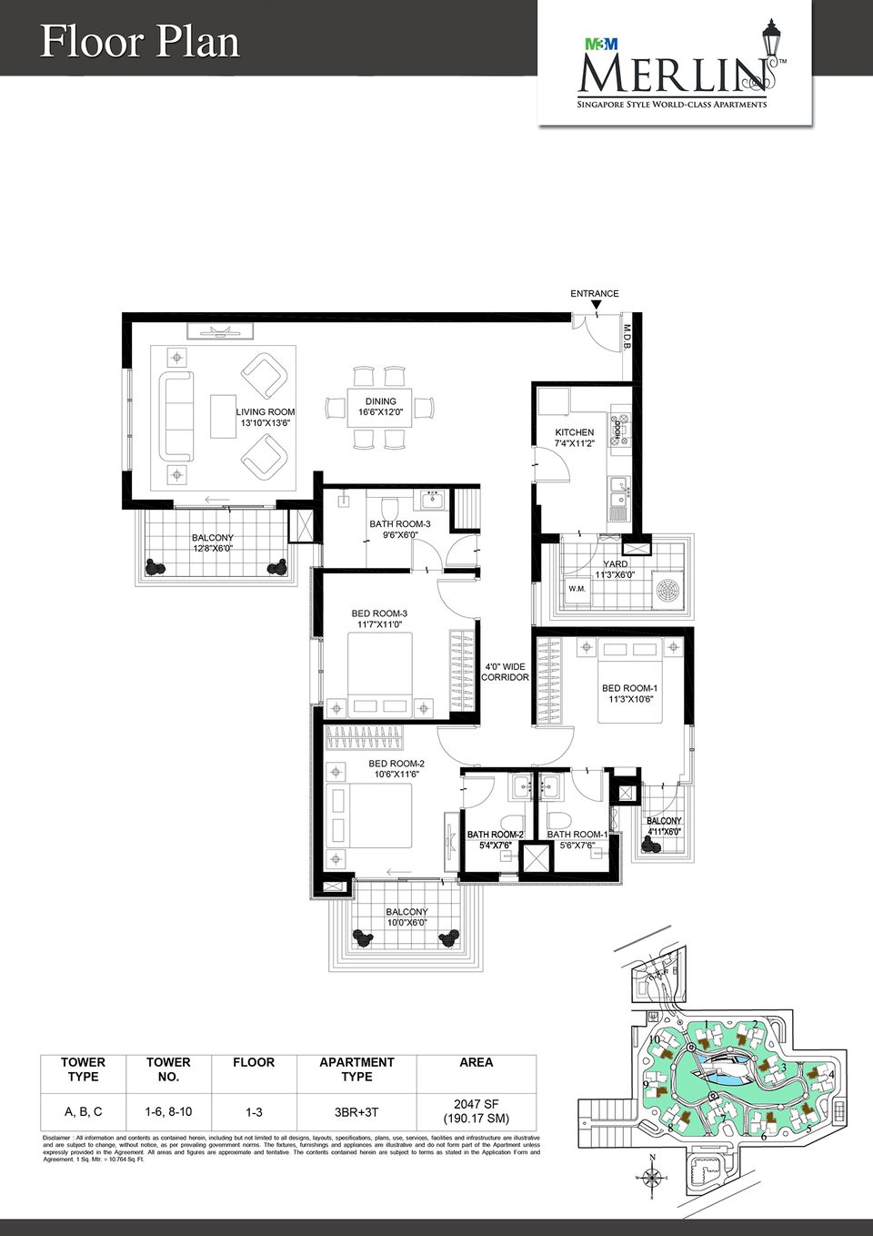 M3M Merlin 3 BHK flat floor plan, 2,047 sq ft super area
