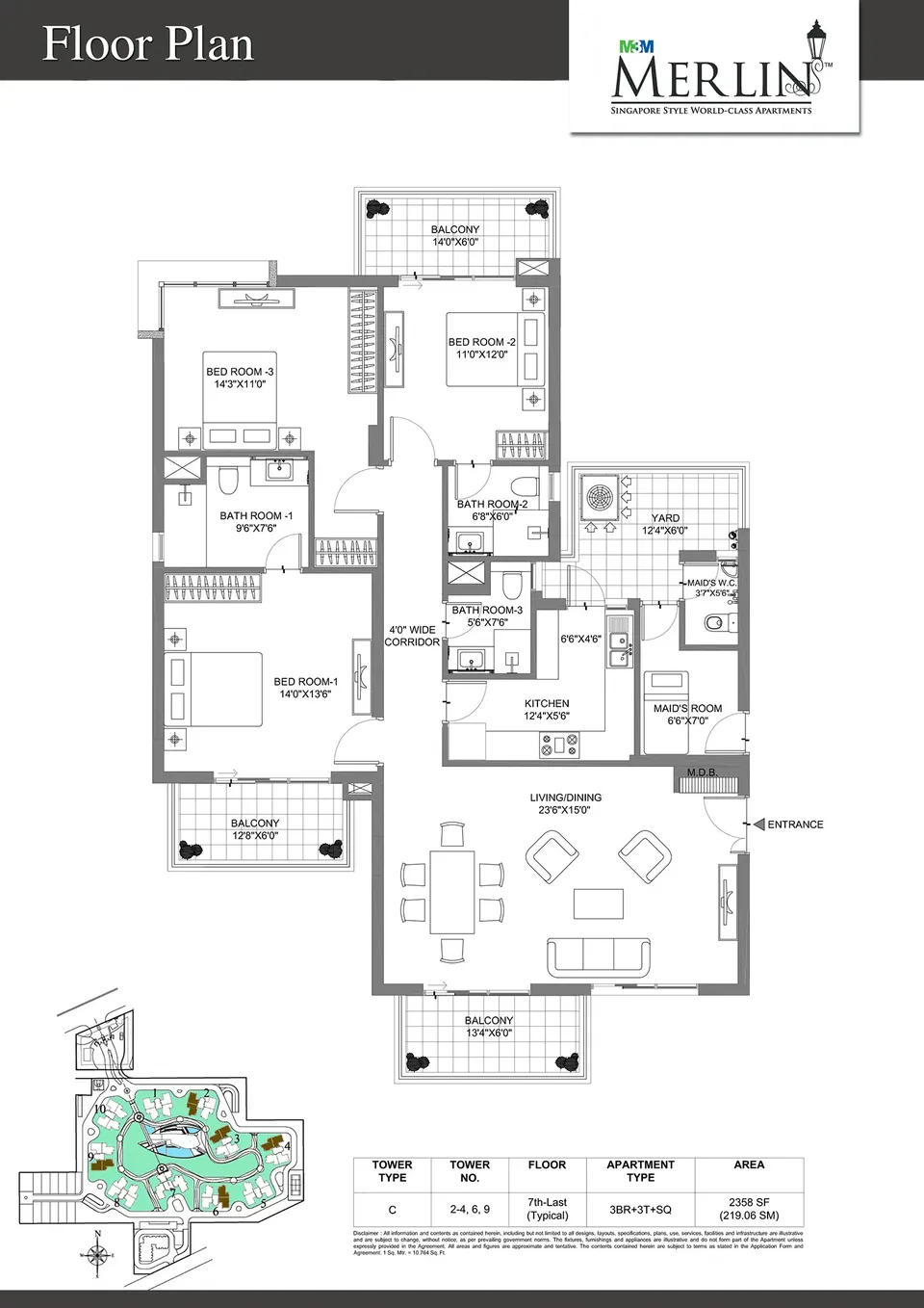 M3M Merlin 3 BHK flat floor plan, 2,358 sq ft super area