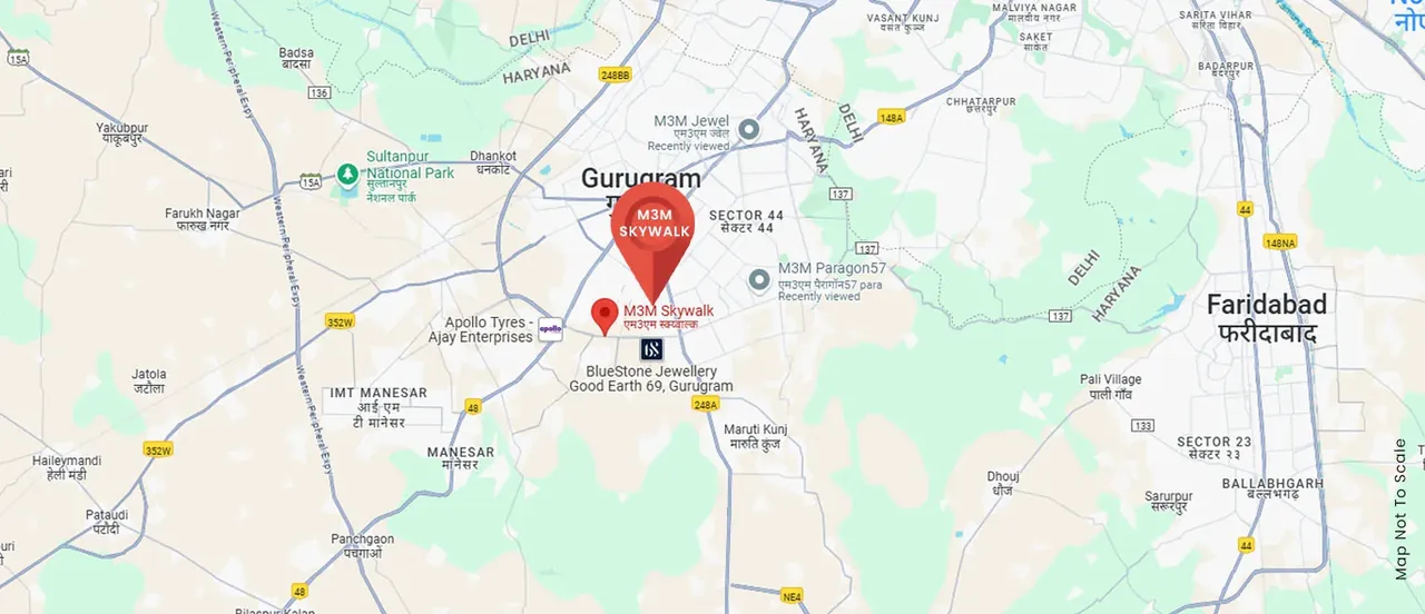 M3M Skywalk location map, Sector 74 on Golf Course Extension Road