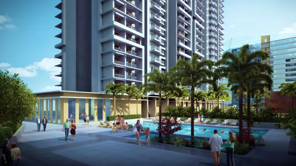 M3M Skywalk podium-level swimming pool and deck, artist's impression