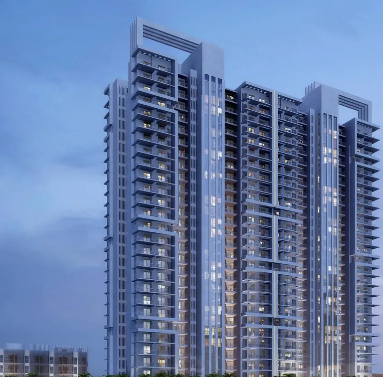 M3M Skywalk residential towers at dusk, artist's impression