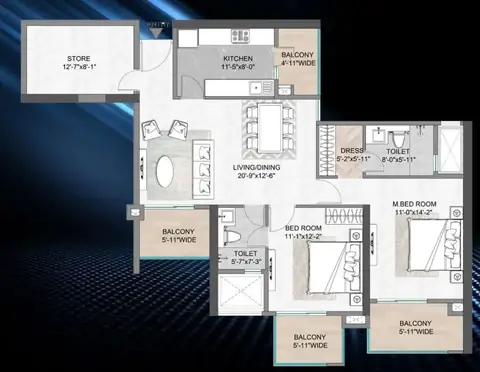 M3M Skywalk 2 BHK + store floor plan, 1,682 sq ft super area