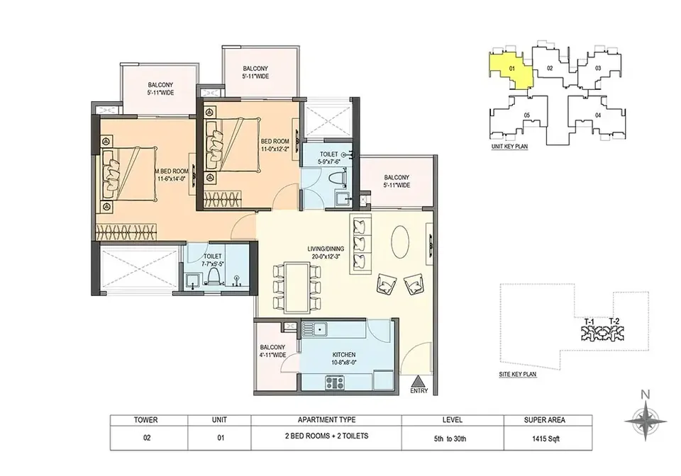 M3M Skywalk 2 BHK floor plan, 1,415 sq ft super area