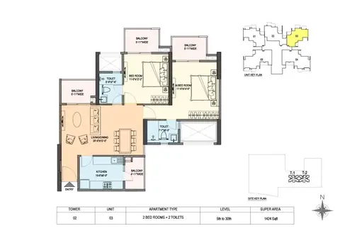 M3M Skywalk 2 BHK floor plan, 1,424 sq ft super area