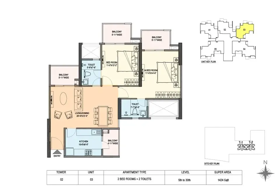 M3M Skywalk 2 BHK floor plan, 1,424 sq ft super area