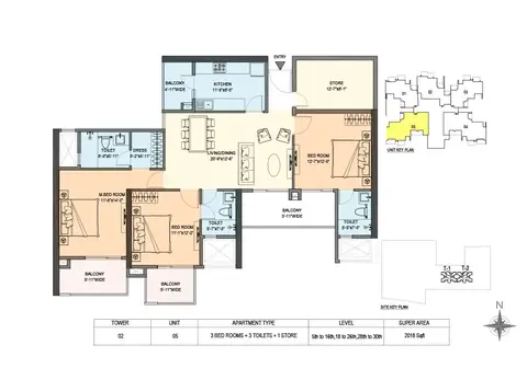 M3M Skywalk 3 BHK + store floor plan, 2,018 sq ft super area