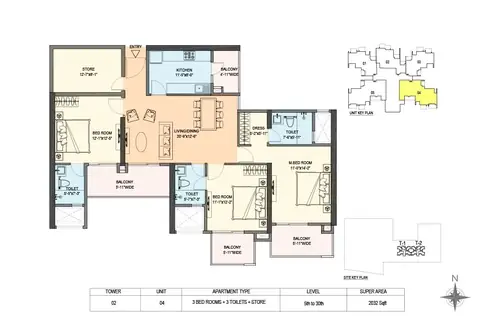 M3M Skywalk 3 BHK + store floor plan, 2,032 sq ft super area
