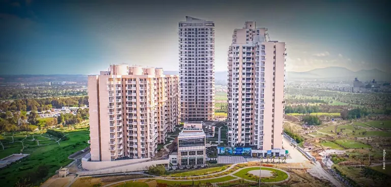 M3M The Marina actual aerial photo of the towers and landscaped grounds