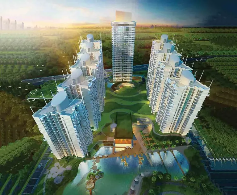 M3M The Marina aerial view of towers around the central greens and lake, artist's impression