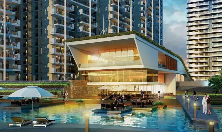 M3M The Marina clubhouse and alfresco deck by the water, artist's impression