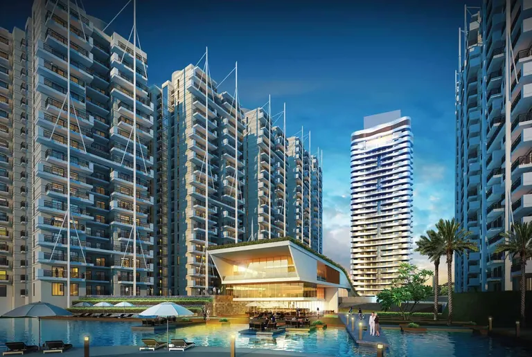 M3M The Marina clubhouse on the waterfront with the ripple tower behind, artist's impression