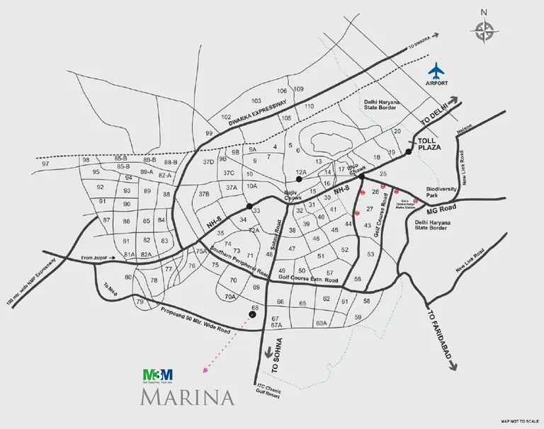 M3M The Marina location map, Sector 68 off Sohna Road