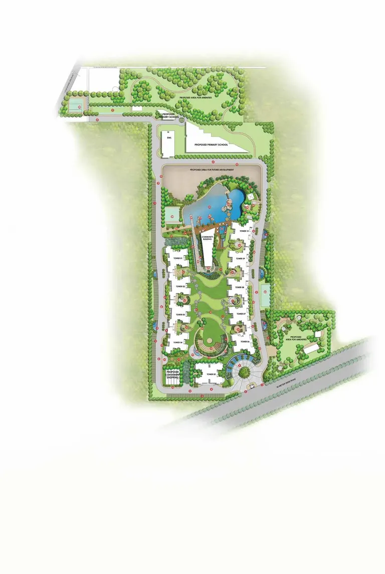 M3M The Marina site plan with lake, island, clubhouse and courts