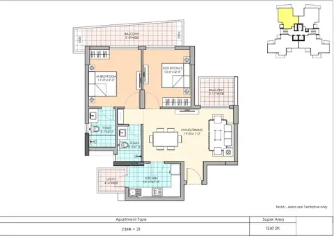 M3M The Marina 2 BHK floor plan, 1,260 sq ft