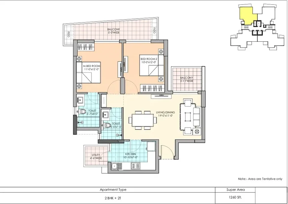 M3M Marina 2 BHK floor plan, 1,260 sq ft super area