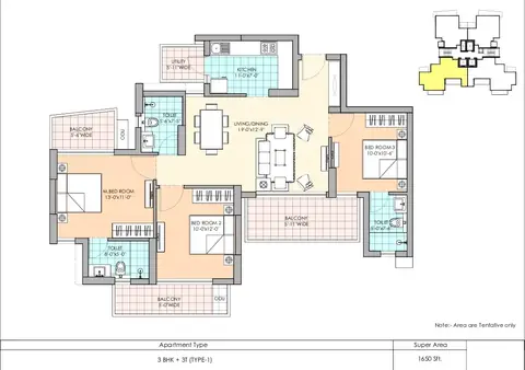 M3M The Marina 3 BHK floor plan, 1,650 sq ft