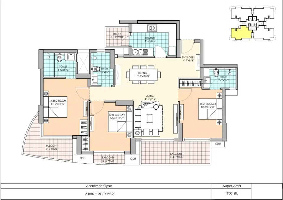 M3M Marina 3 BHK floor plan, 1,900 sq ft super area