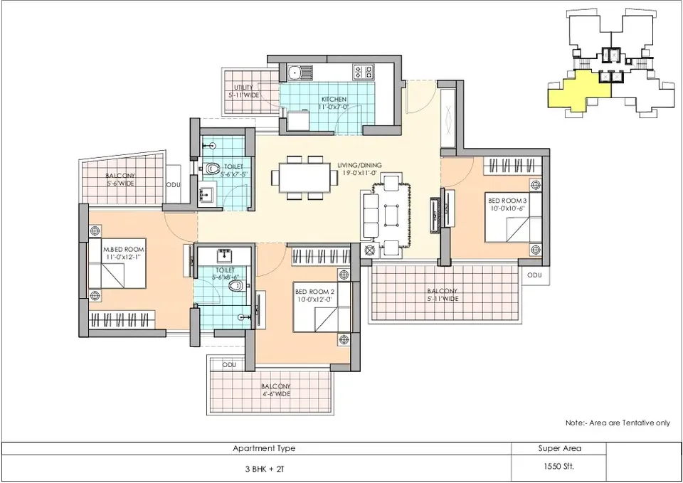 M3M Marina 3 BHK floor plan, 1,550 sq ft super area
