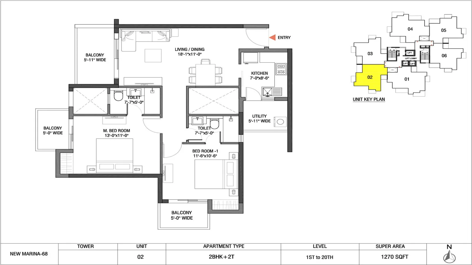 M3M The Marina 2 BHK + 2 toilet floor plan, 1,270 sq ft super area