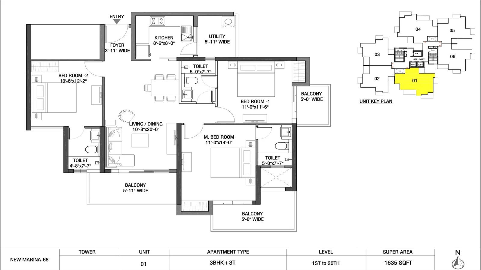 M3M The Marina 3 BHK + 3 toilet floor plan, 1,635 sq ft super area