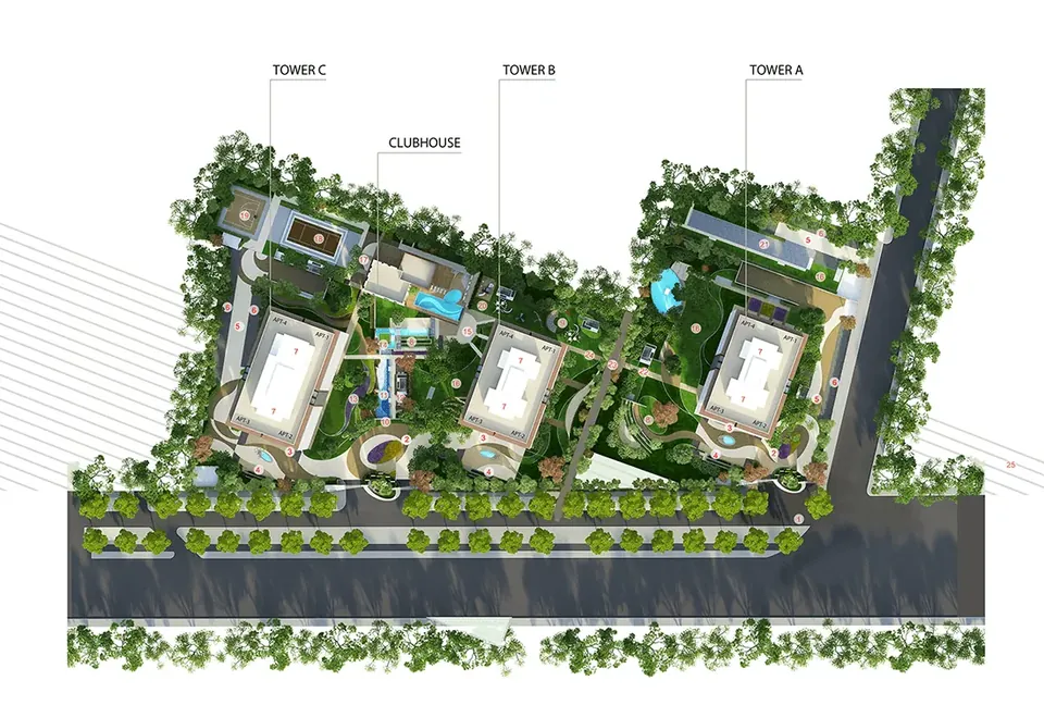 Mahindra Luminare site plan with towers A, B and C and the clubhouse
