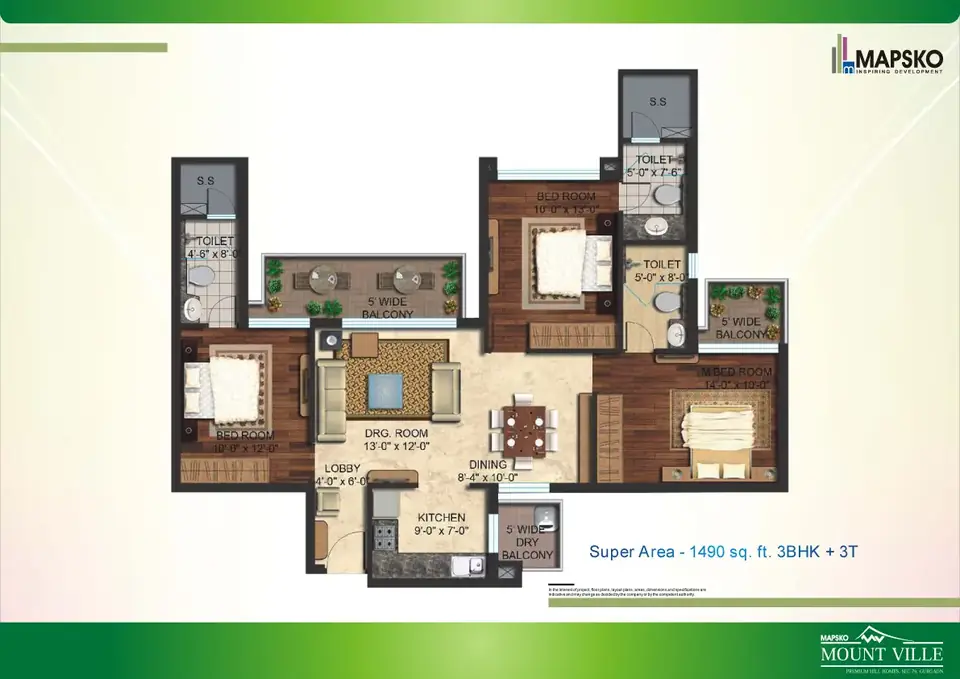 Mapsko Mount Ville 3 BHK floor plan, 1,490 sq ft