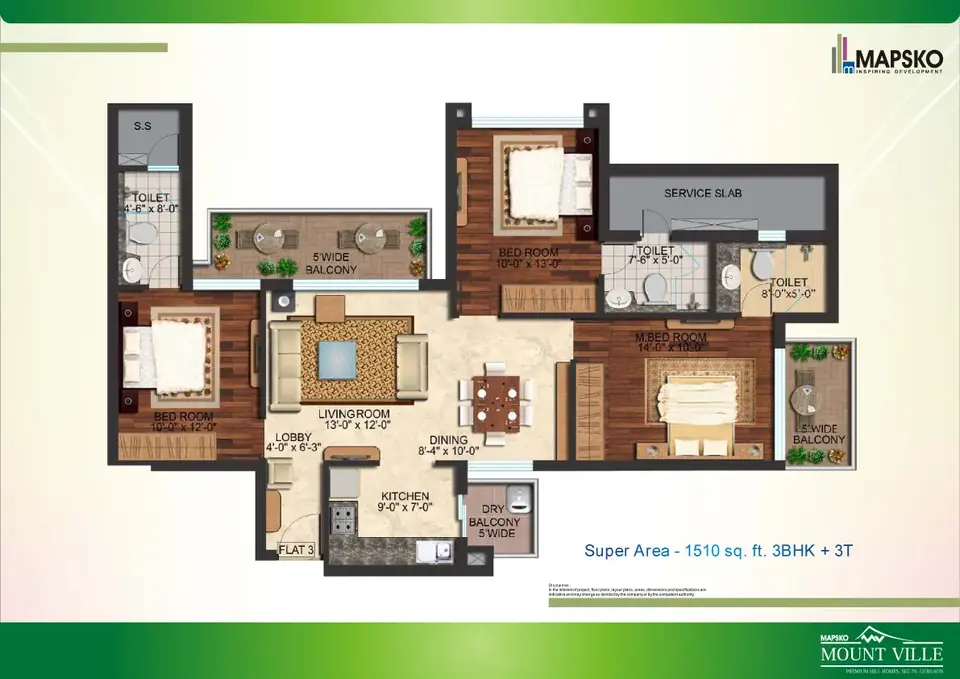 Mapsko Mount Ville 3 BHK floor plan, 1,510 sq ft