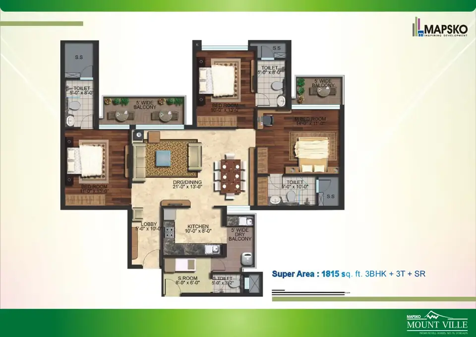 Mapsko Mount Ville 3 BHK floor plan, 1,815 sq ft