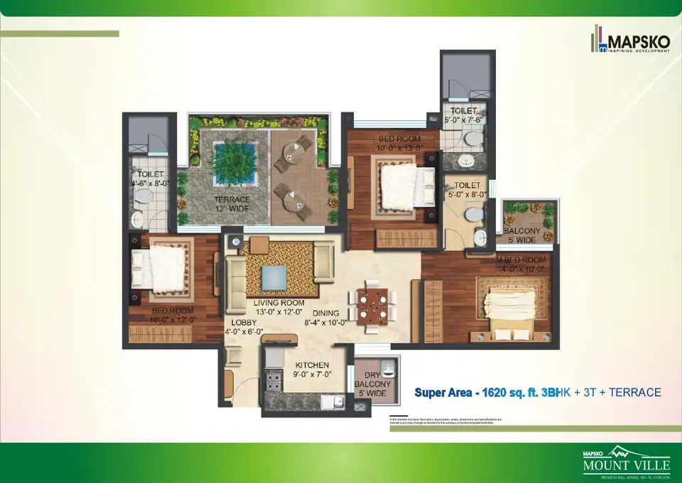 Mapsko Mount Ville 3 BHK floor plan, 1,620 sq ft