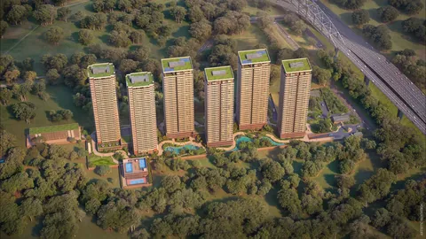 Max Estate 360 aerial view of the six towers, pools and lake beside Dwarka Expressway, artist's impression